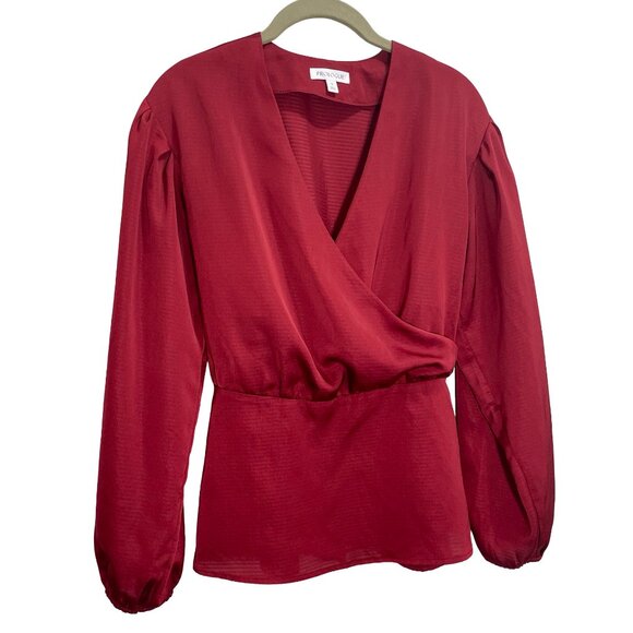 Prologue Red Faux Wrap Baby Doll Satin Blouse Tie-back Top Long Sleeve; Small - Picture 1 of 10
